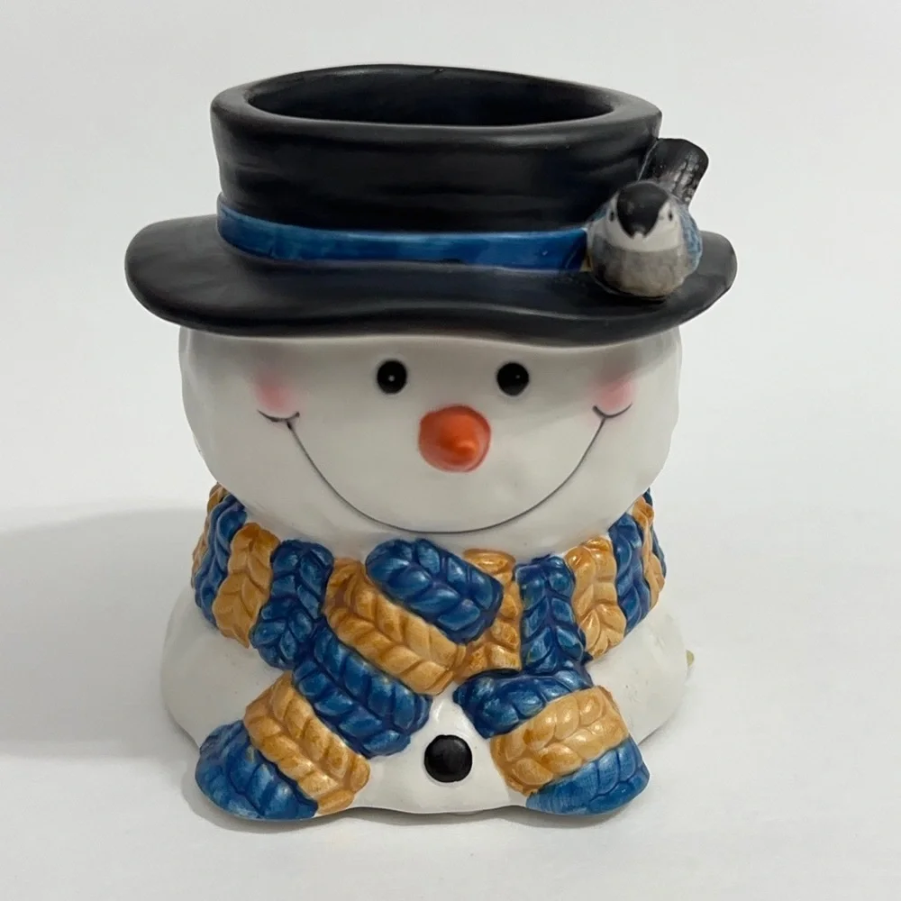 Vintage Ceramic Snowman Votive Candle Holder with Scarf and Bird on Hat